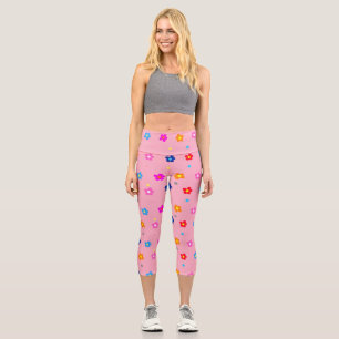 Vintage Retro Flower Pattern Pink Capri Leggings
