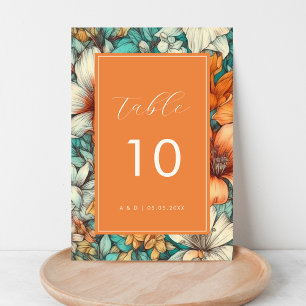 Vintage Retro Flowers Script Teal & Orange Wedding Table Number