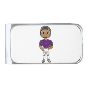 vintage retro football player purple black simple silver finish money clip