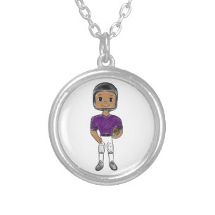 vintage retro football player purple black simple silver plated necklace