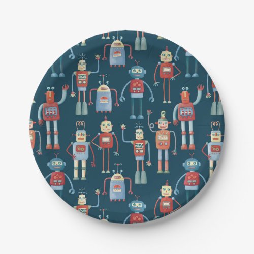 Vintage Retro Fun Robot Pattern Paper Plates