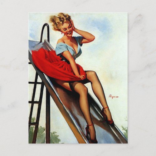 Vintage Retro Fun Slide Pin Up Girl Postcard