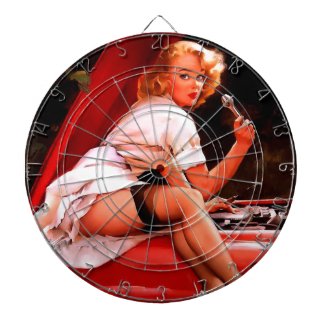 Vintage Retro Gil Elvgren Car Mechanic Pinup Girl Dartboard With Darts