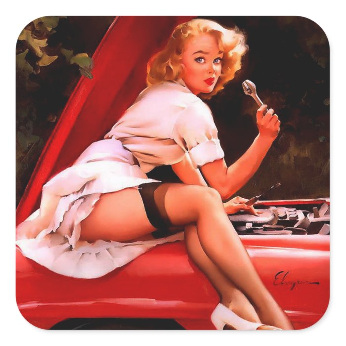 Vintage Retro Gil Elvgren Car Mechanic Pinup Girl Square Sticker