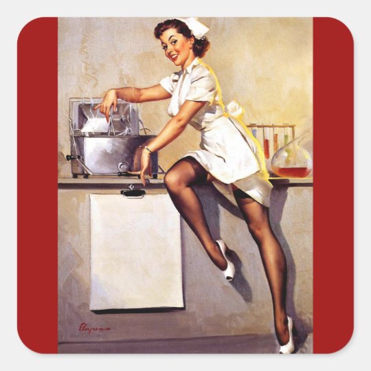 Vintage Retro Gil Elvgren Nurse Pin Up Girl Square Sticker