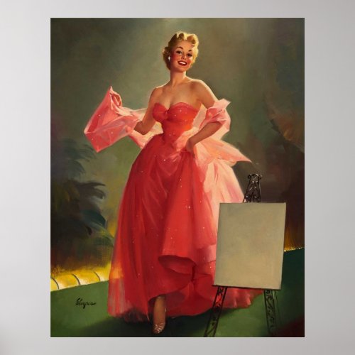 Vintage Retro Gil Elvgren Pink Beauty Pinup Girl Poster