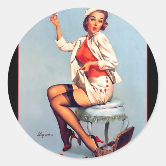 Vintage Retro Gil Elvgren Sewing Pin UP Girl Classic Round Sticker