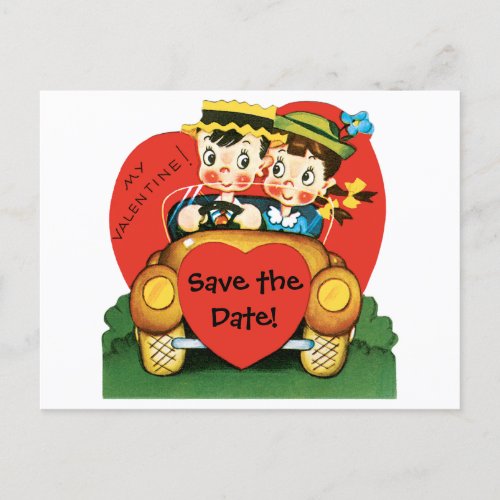 Vintage Retro Girl and Boy in Car Save the Date Announcement Postcard