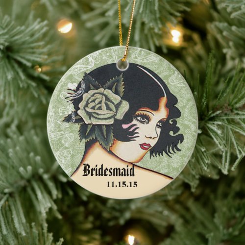 Vintage Retro Girl Black Hair Brunette Bridesmaid Ceramic Ornament