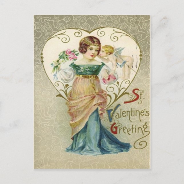 Vintage Retro Girl & Cupid Valentine Card (Front)