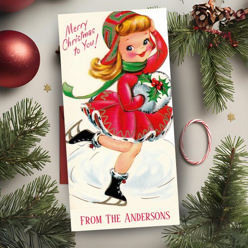 Vintage Retro Girl Ice Skater Custom Christmas Holiday Card