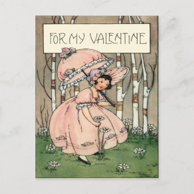 Vintage Retro Girl Picking Daisies Valentine Card (Front)