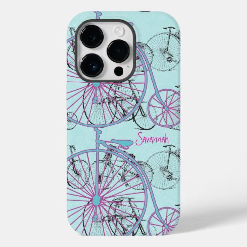 Vintage Retro Girl Pink Aqua Blue Bicycle  Case_Mate iPhone 14 Pro Case
