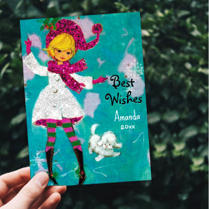 Vintage retro girly Christmas new year greeting Holiday Card