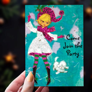 Vintage retro girly Christmas new year greeting Invitation