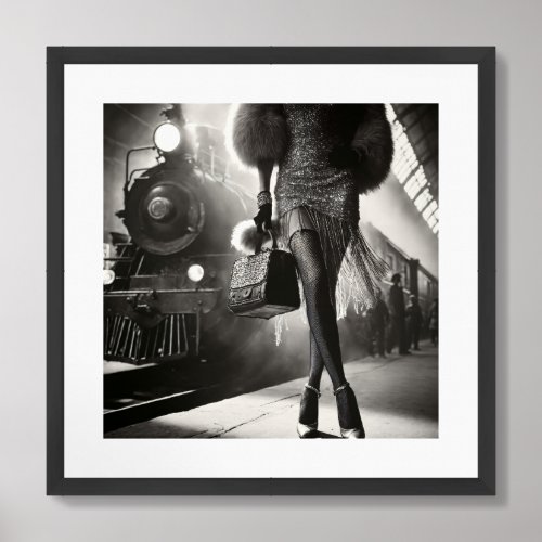 Vintage retro glamorous girl at the train station framed art
