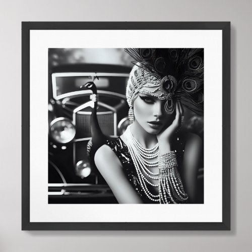 Vintage retro glamour girl with peacock framed art