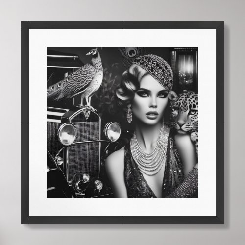 Vintage retro glamour girl with peacock framed art