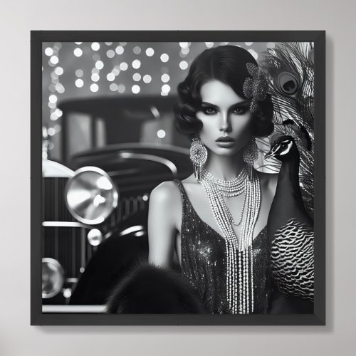 Vintage retro glamour girl with peacock framed art