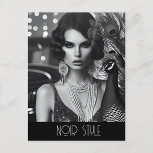 Vintage retro glamour girl with peacock postcard