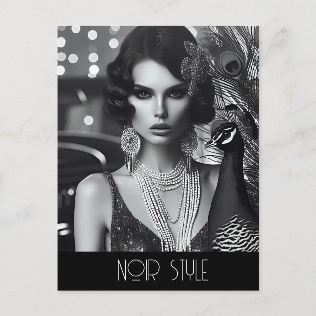 Vintage retro glamour girl with peacock postcard (Front)