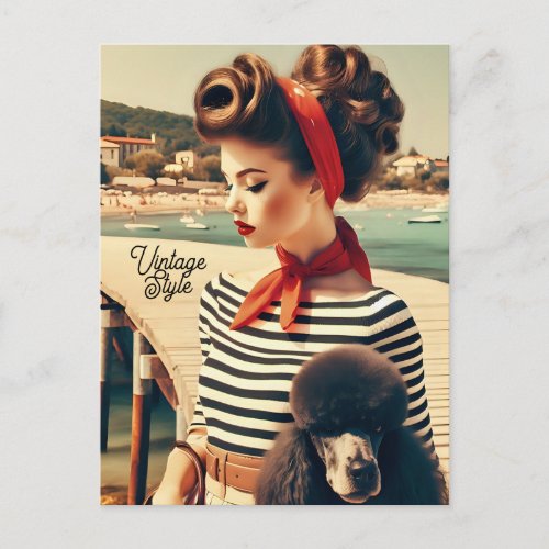 Vintage retro glamour girl with poodle postcard