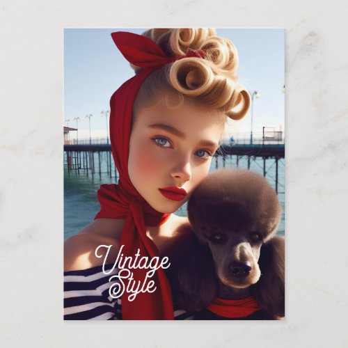 Vintage retro glamour girl with poodle postcard