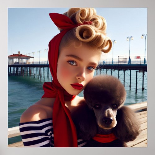 Vintage retro glamour girl with poodle poster