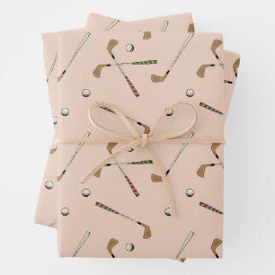 Vintage Retro Golf Golfer Club Ball Pattern Beige Wrapping Paper Sheets