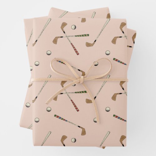 Vintage Retro Golf Golfer Club Ball Pattern Beige Wrapping Paper Sheets
