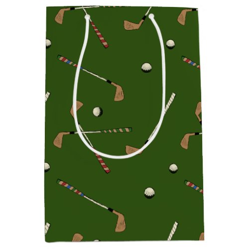 Vintage Retro Golf Golfer Clubs Balls Pattern   Medium Gift Bag