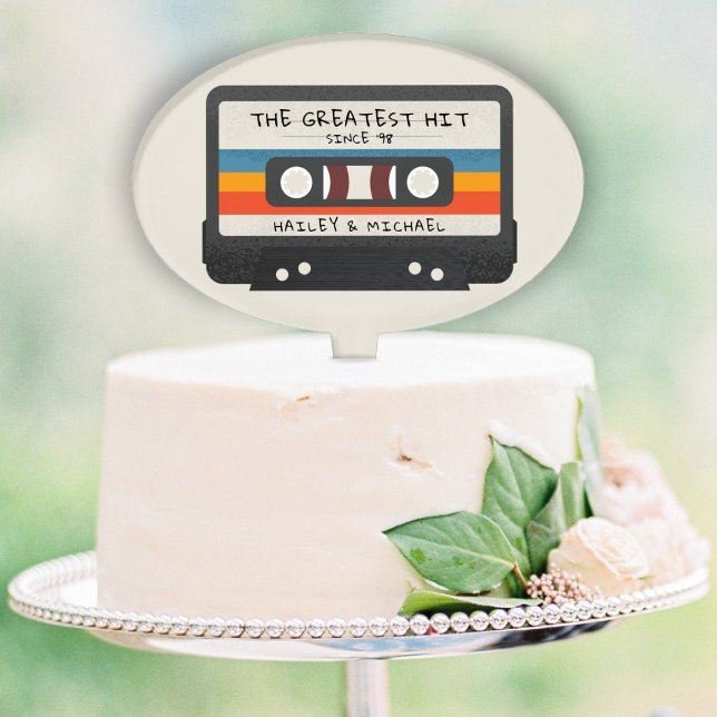Vintage Retro Greatest Hit Cassette Tape Wedding Cake Topper (retro cassette tape the greatest hit bridal shower wedding cake topper)
