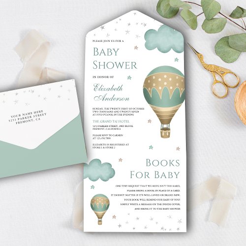 Vintage Retro Green Hot Air Balloon Baby Shower All In One Invitation