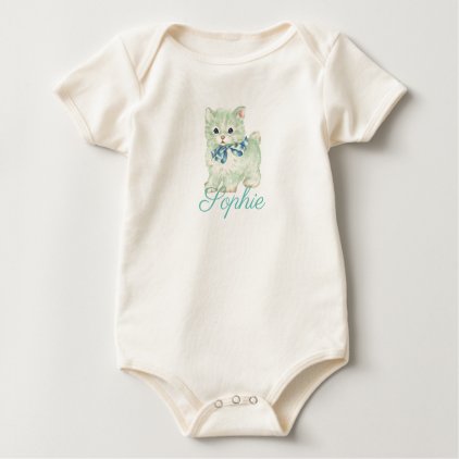 Vintage/Retro Green Kitten Personnalised Baby Bodysuit