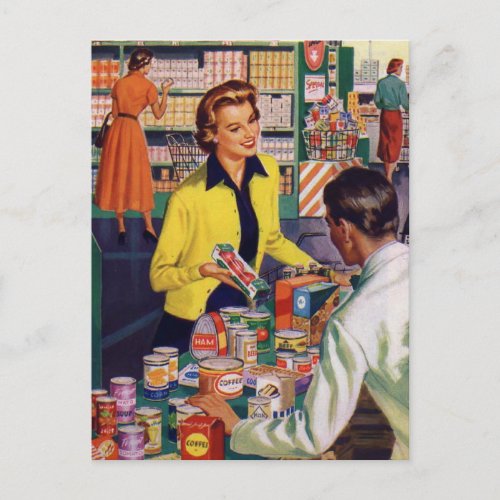 Vintage Retro Grocery Store Shopping   Postcard