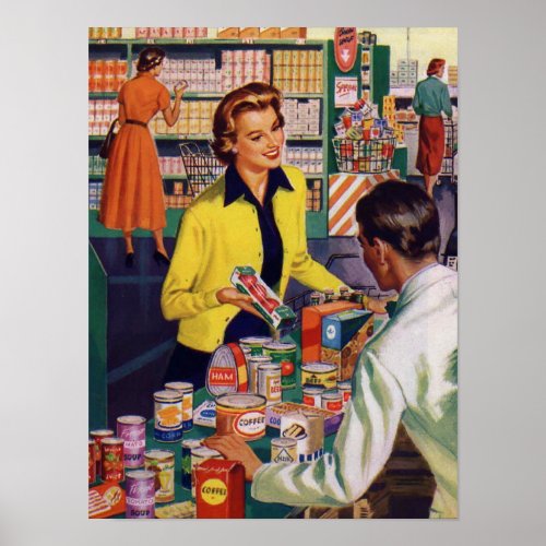 Vintage Retro Grocery Store Shopping  Poster