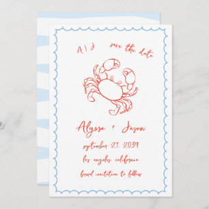 Vintage Retro Handwritten Crab Red Blue Wedding Save The Date