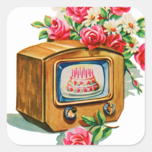 Vintage Retro Happy Birthday Birthday Cake TV Set Square Sticker