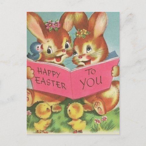 Vintage Retro Happy Easter Bunnies and Chicks Holiday Postcard