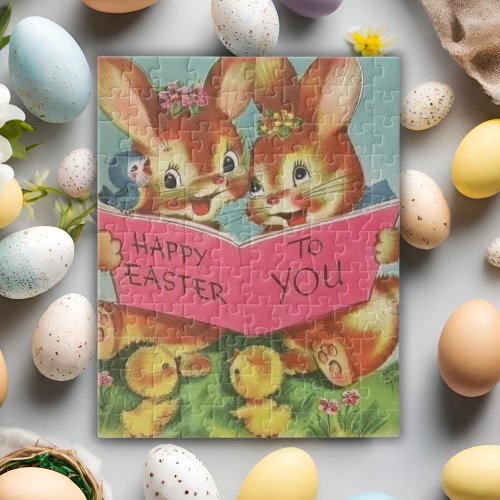 Vintage Retro Happy Easter Bunnies and Chicks Jigsaw Puzzle