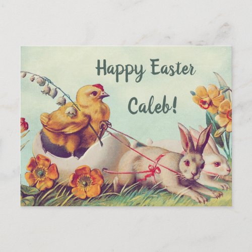 Vintage Retro Happy Easter Bunny Rabbits and Chick Postcard