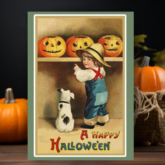 Vintage Retro Happy Halloween Custom Holiday Card (Vintage Retro Happy Halloween Custom Card with editable message or just add your name!)