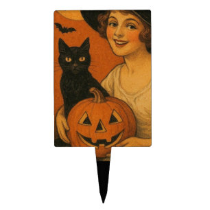Vintage/retro Happy Halloween witch, cat, pumpkin Cake Topper
