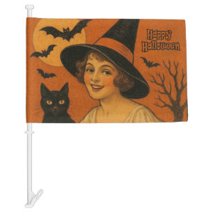 Vintage/retro Happy Halloween witch, cat, pumpkin Car Flag