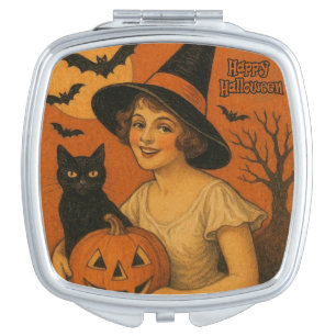 Vintage/retro Happy Halloween witch, cat, pumpkin Compact Mirror