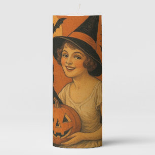 Vintage/retro Happy Halloween witch, cat, pumpkin Pillar Candle