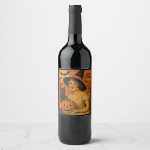 Vintage/retro Happy Halloween witch, cat, pumpkin Wine Label