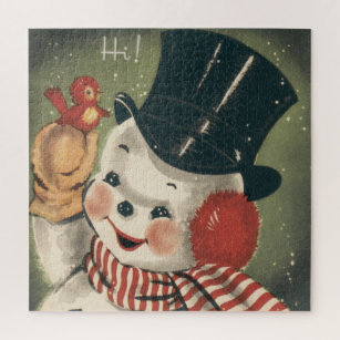 Vintage Retro Happy Snowman Holiday Jigsaw Puzzle
