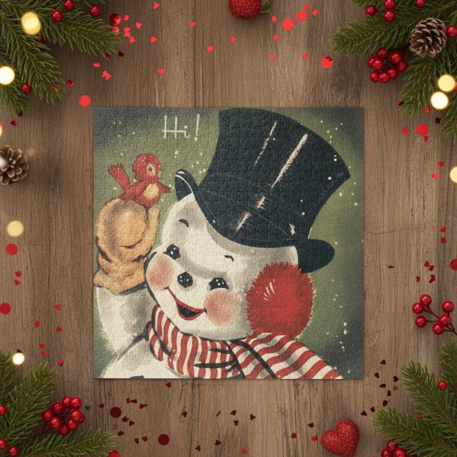 Vintage Retro Happy Snowman Holiday Jigsaw Puzzle (Vintage Retro Happy Snowman Holiday Jigsaw Puzzle)