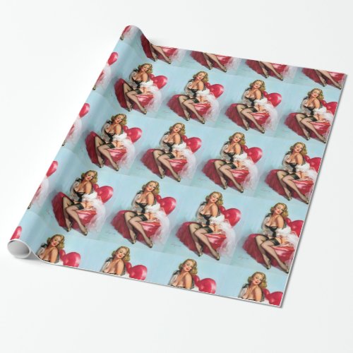 Vintage Retro Heart  Glamour Pinup Girl Wrapping Paper